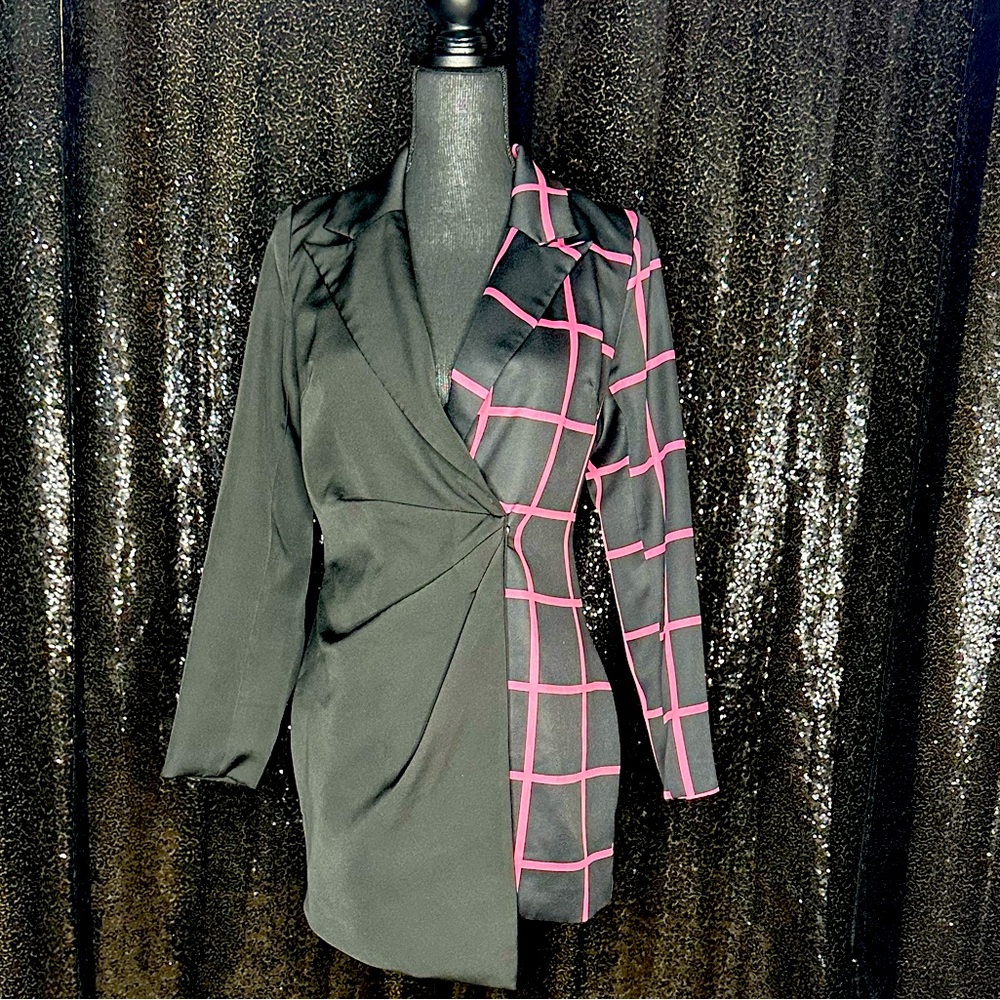 Asymmetrical Black and Hot Pink Blazer/Jacket Dress - Press Button